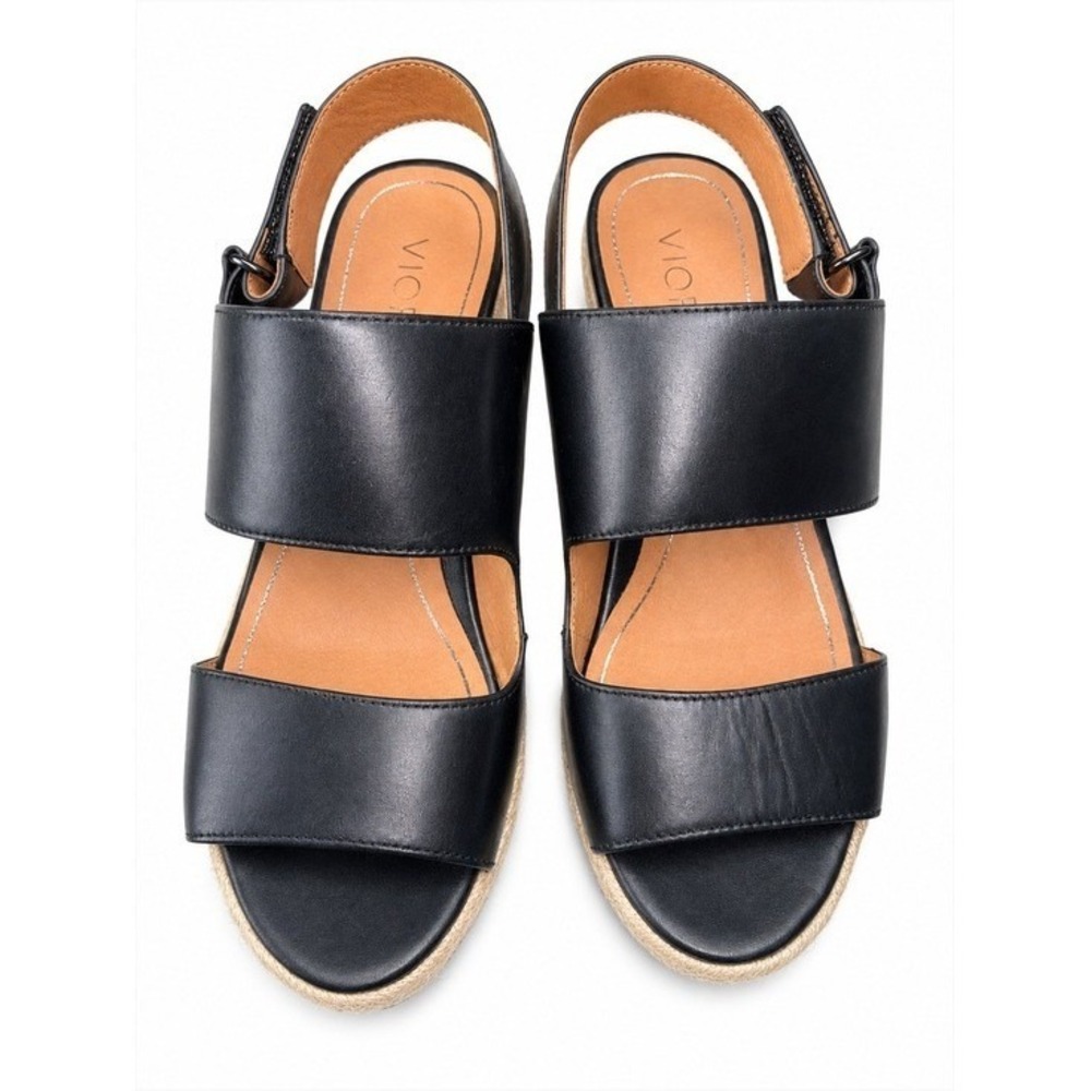 Vionic Brooke Wedge Sandals Women 7 Wide Black Leather Espadrille